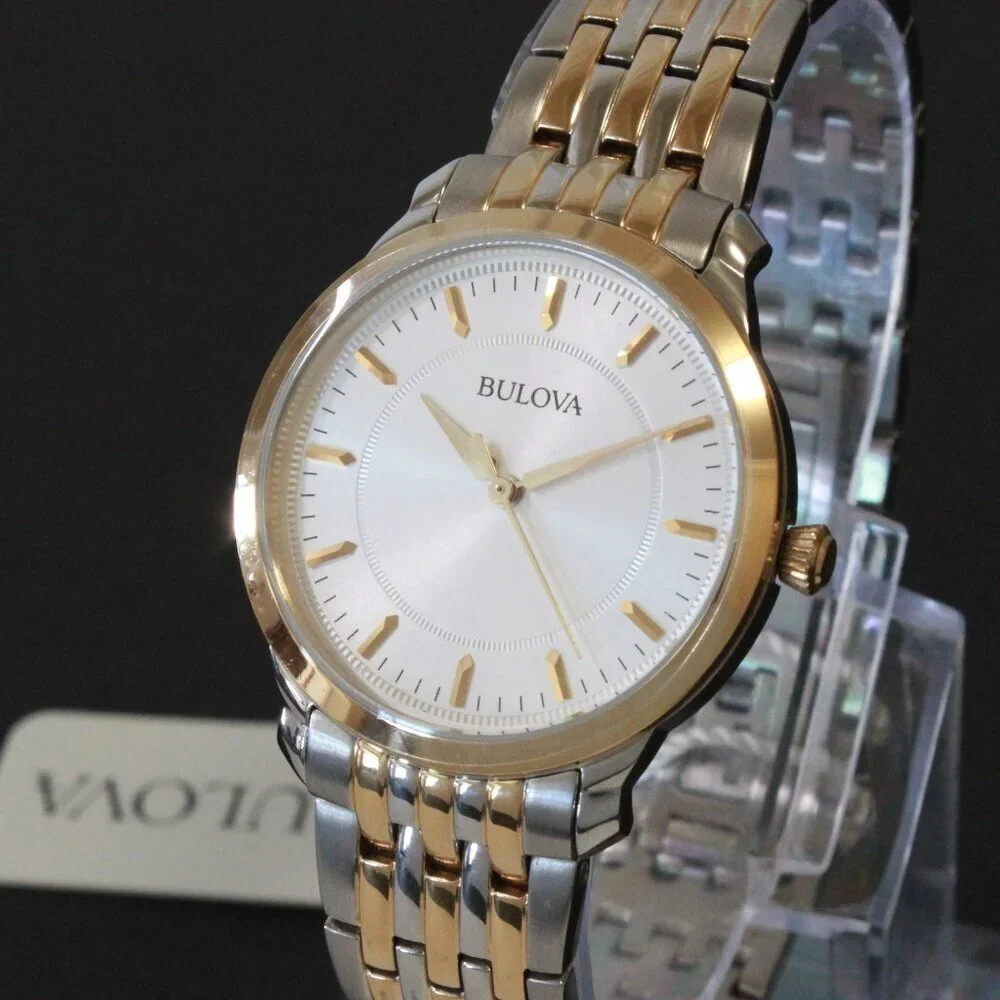 Bulova Ladies Classic Quartz Watch Two Tone Finish Raised Indices Bracelet 32mm